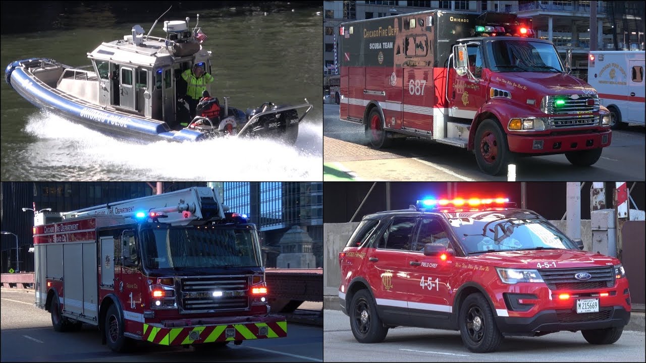 Specialist Chicago Fire Trucks + Police Boat Responding With Siren And ...