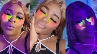 RAINBOW UNDER EYE  MULTI COLOR  | UV BLACK LIGHT MAKEUP  ✨️| SYNTHETIC BODYWAVE WIG INSTALL