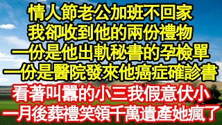 情人節老公加班不回家，我卻收到他的兩份禮物，一份是他出軌秘書的孕檢單，一份是醫院發來他的癌症確診書，看著叫囂的小三我假意伏小，一月後葬禮我笑領千萬遺產她瘋了真情故事會||老年故事||情感需求||愛情