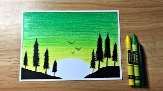 Easy Wax Crayon Drawing / Green scenery
