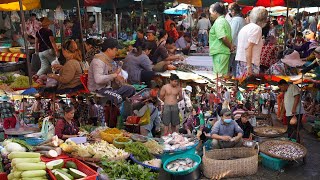 Morning Cambodian Food Market - Plenty Kind of Fish, Eel, Small Shrimp, Frog \u0026 More Vegetable