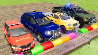 RED SCODA FIRE FIGHTER, NAVY DACIA, YELLOW PICK-UP AND GREEN FORD RANGER POLICE CARS DRIVING IN FS22