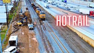 Trucks on Trains \u0026 NEW TRACKWORK UPDATE - Trains pass as Crews Work, Great Drone Views