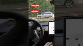 Tesla Autopilot FSDBETA VS roundabout traffic circle #shorts #tesla #elonmusk #model3 #modely #ai