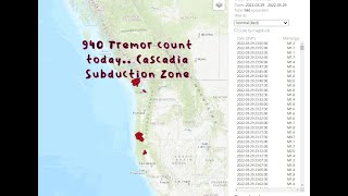 940 Tremor count along the Cascadia Subduction Zone today.. Tuesday 3/29/2022