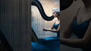 A mermaid playing a harp under the moonlit sea.