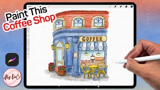 WATERCOLOR Coffee Shop Storefront Tutorial on Procreate in EASY Steps!