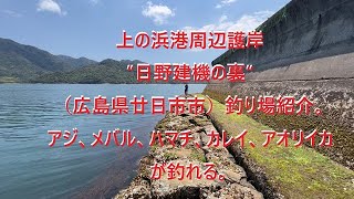 上の浜港周辺護岸”日野建機の裏”（広島県廿日市市）釣り場紹介。アジ、メバル、ハマチ、カレイ、アオリイカが釣れる。