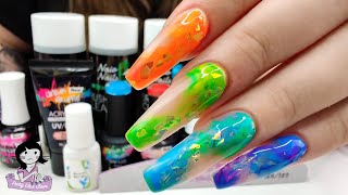 Rainbow Geode Nail Art Using Blooming Gel and Mylar