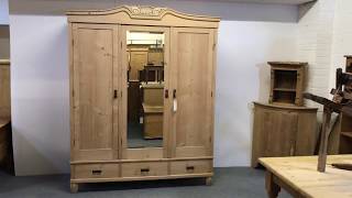 Large Antique Pine Triple Door Wardrobe with Mirror - Pinefinders Old Pine Furniture Warehouse