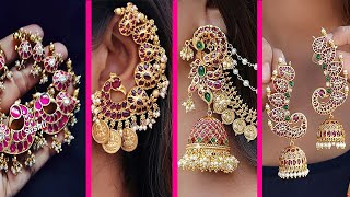 ANTIQUE EARCUFFS TO ELEVATE YOUR LOOK, ANTIQUE EAR CUFF JHUMKA EARRINGS WITH SILK SAREES