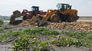 Unique Operation Strong Power Wheel Loader Pushing Rock For Land Filling Build New Road Over Big Lak