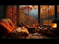 Rainy Autumn Day with Nice View into the Leafy Forest - With Crackling Fire and Sleeping Cat