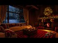 quiet and comfortable night in the cabin warm fire and romantic snowfall outside the window