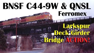 BNSF C44-9W \u0026 QNSL Ferromex SD40-2 on Larkspur Deck Girder Bridge \u0026 Palmer Lake, CO, Feb. 4, 2006