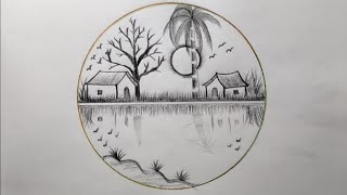 Beautiful village sunset scenery drawing with pencil.Easy pencil drawing