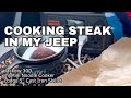 Cooking steak in my Jeep using Jackery 300, the My Mini Noodle Cooker & 5” Lodge Cast Iron skillet