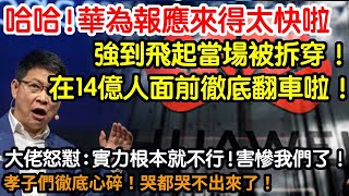 華為啊！你也有今天啊！這報應來得也太快了！強到飛起當場被拆穿！遙遙領先啪啪打臉！在14億人面前徹底翻車啦！大佬怒懟：實力根本就不行！指揮這！指揮那！害慘我們了！孝子們徹底心碎！哭都哭不出來了！