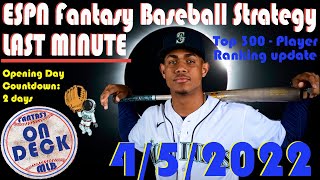 ESPN Fantasy Baseball Draft Rankings 2022 - UPDATED 4/5/22 FREE CHEAT SHEET