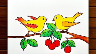 How to Draw Birds Step by Step || Birds Drawing Colour || Bird Scenery Drawing for Beginners..