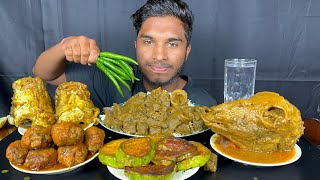 Spicy mutton Boti curry, chicken leg piece curry and full goat head curry with rice eating show