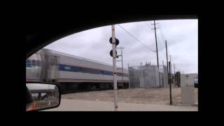 Amtrak Train San Diego from car with rare old locomotive and cars