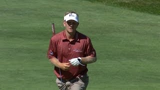 Billy Hurley III strikes the flagstick with approach on No. 12 at The Greenbrier