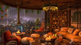 Balcony Ambience Rainy Night Views in a Cozy Wooden House at NYC 🌧️ Relaxing Jazz Music by Fireplace