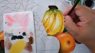 Aprenda Como Pintar Uma Cesta Com Frutas Pintura em Tecido: Abacaxi,Bananas,Laranjas e maçãs