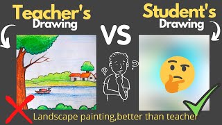 Landscape drawing | poster colour | Daily teacher vs student drawing #35