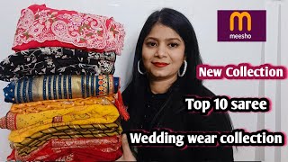 Top 10 ❤️Meesho saree haul | stitched blouse saree / Ready to wear saree / Sequence saree haul