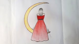 How to Draw a Girl with Moon | Easy Moon girl Drawing with color