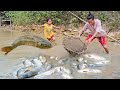 The single mother went to the pond to catch fish and sell it to earn money to make ends meet