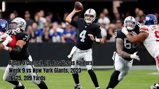 Aidan O'Connell Week 9 Every Drop-back, Pass and Run Las Vegas Raiders vs New York Giants NFL 2023