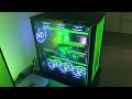 gaming setup lian li o 11 xl blue ekwb cryofuel solid neon green recaro gaming seat