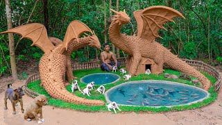 Rescue Puppies Hide In Jungle Building Dog House Under the Dragon For Dog Shelter