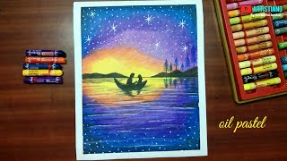 Romantic Couple Night scenery drawing with Oil Pastels - step by