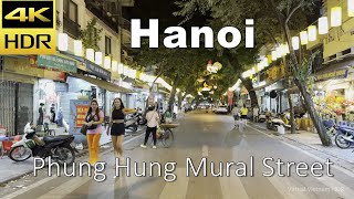 Vietnam Walk - Night Walking Phung Hung Mural Street in Hanoi | 4K HDR Binaural Sound \u0026 Captions