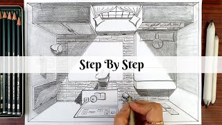 How To Draw A Bedroom For Teen In One Point Perspective | Bird's Eye View  | Step By Step