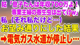 【スカッとする話】姑「息子たんは年収700万よ！専業主婦の寄生虫は出ていけ！w」私（それ私だけど...w)」お望み通りにした結果、姑の家の電気、ガス、水道が停止し...w【スカッと】【修羅場】