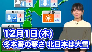 12月1日(木)の天気　12月初日は全国的に冬本番の寒さ、北日本は大雪に