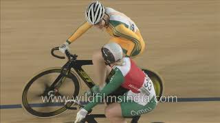 Australia's Anna Meares gives neck to neck competition to Becky James of Wales