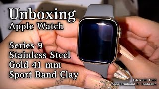 Apple Watch Series 9 Gold Stainless Steel 41 mm Unboxing - Edelstahl Sportarmband in Tonbraun ASMR