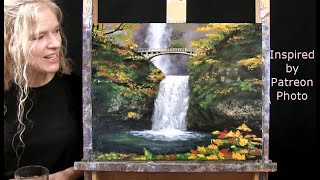 Learn How to Draw and Paint with Acrylics WATERFALL BRIDGE-Easy Beginner Lesson-Paint & Sip at Home