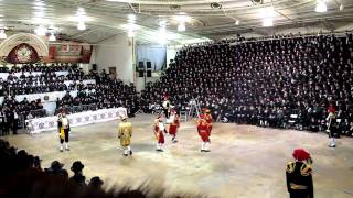 Chassidim dance at a Rebbishe wedding