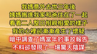 我媽意外去世三年後，姨媽搬進我家和爸住在了一起，看着二人整日相親相愛的樣子，我的心裡卻漸漸產生了懷疑，暗中調查了媽當年的事故報告，不料卻發現了一場驚天陰謀