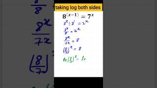 Solve 8^(x-1) = 7^x | Exponential equation | Logarithms #mathsshorts #shorts