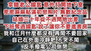 拿錯老公鑰匙 意外打開地下室 密密麻麻貼滿初戀照片 無數旅行紀念品 結婚三十年從不過問他出差 下班回家奪過鑰匙 說了讓你不要進書房 我和江月什麼都沒有 再鬧自己在外面冷靜吧 不哭不鬧 反手撥電公司倒閉