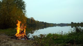 Fire on the bank of a beautiful river. Firewood is burning and the sound of a burning fire is heard