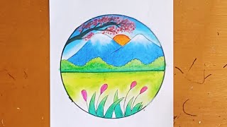 Easy circle scenery drawing/Colourful landscape drawing step by step for beginners/Circle drawing